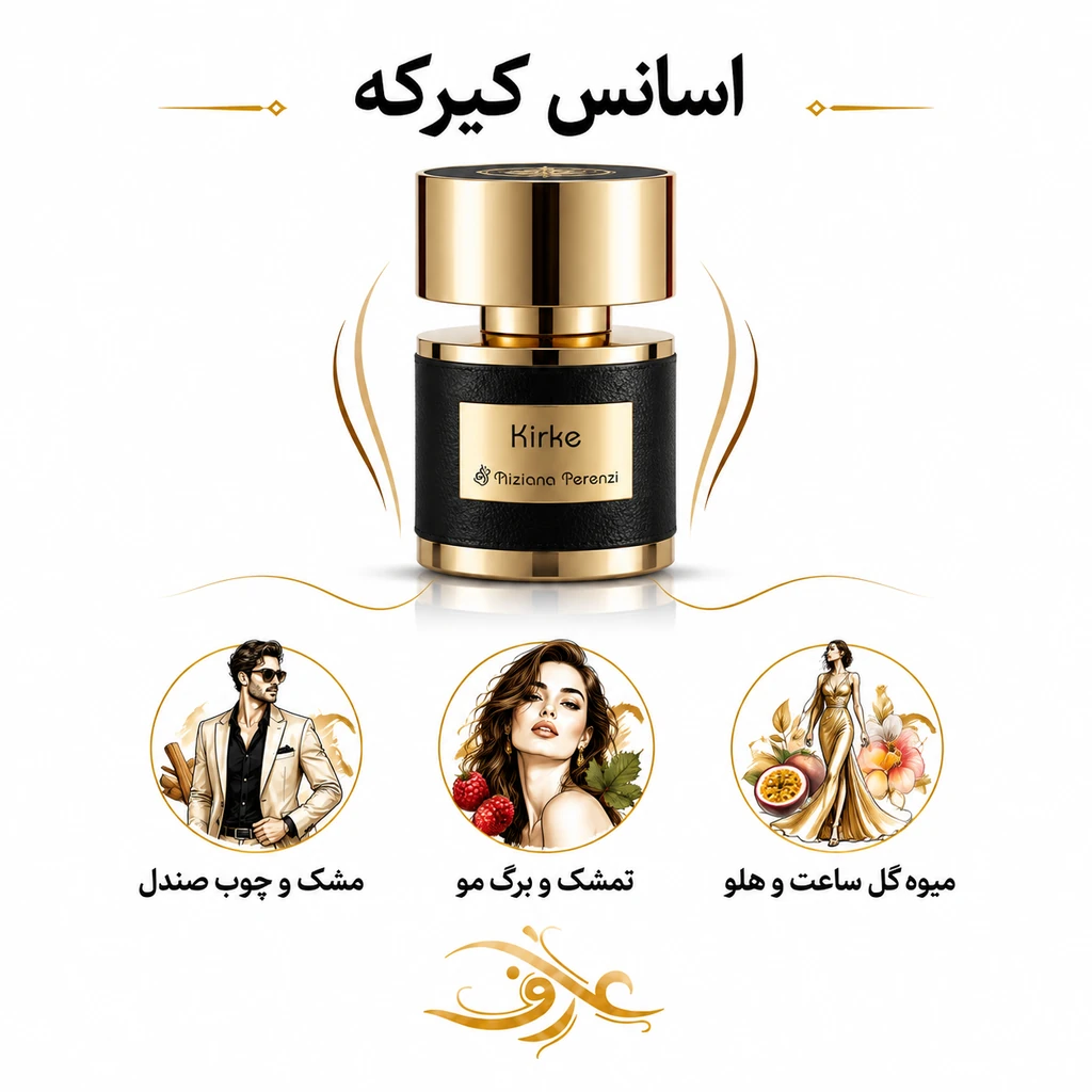 اسانس عطر کیریکه (Kirke) تیزیانا ترنزی | اغواگرِ مرموز و جسور | انفجاری میوه‌ای از هلو و گلابی با قلبی سفید و مُشکی