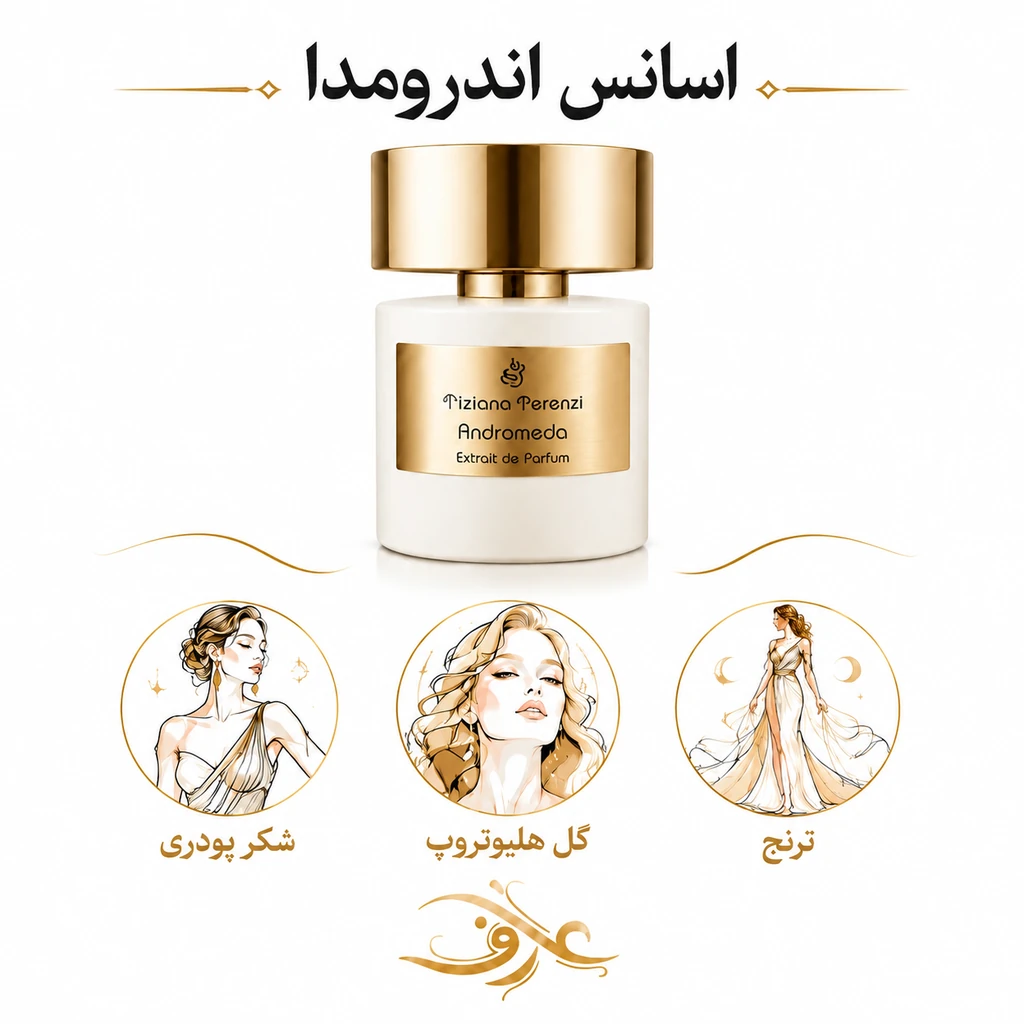 اسانس عطر آندرومدا (Andromeda) تیزیانا ترنزی | بانوی آسمانی و افسونگر | رایحه‌ای لطیف و درخشان از میوه‌های شیرین، گل‌های سفید و وانیل