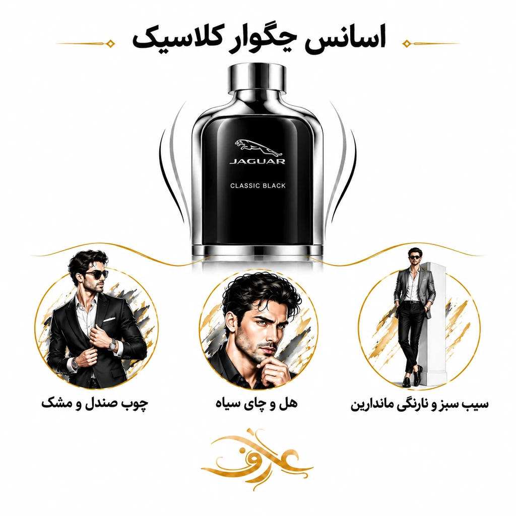 اسانس عطر جگوار (Jaguar Classic Black) جگوار | مردِ شیک و کاریزماتیک | رایحه‌ای گرم، آروماتیک و چوبی با حسی مرموز، جذاب و مدرن