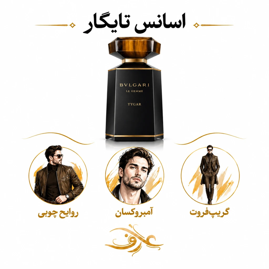 اسانس عطر تایگار (Le Gemme Tygar) بولگاری | جنگجوی مدرن و نافذ | انفجار گریپ‌فروت درخشان با امضای چوبی و کهربایی