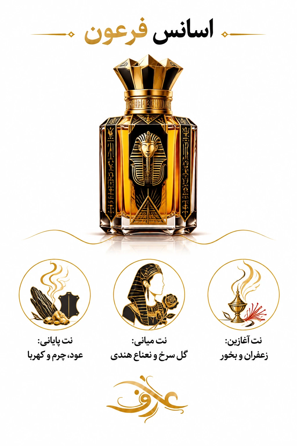 اسانس عطر فرعون (Pharaoh) | مردِ باشکوه و مقتدر | رایحه‌ای گرم، شرقی و چوبی با حسی مرموز، لوکس و قدرتمند