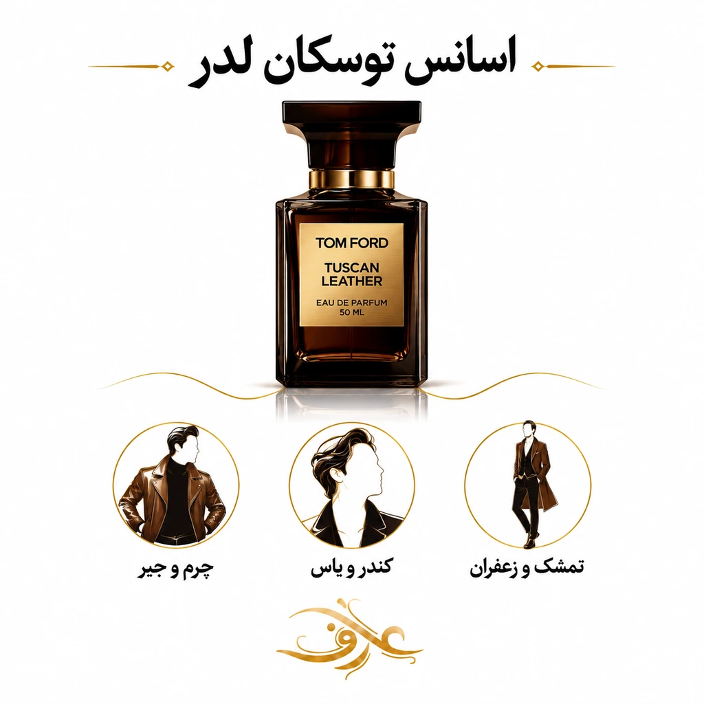 اسانس عطر توسکان لدر (Tuscan Leather) تام فورد | مردِ سرکش و اشرافی | رایحه‌ای چرمی، دودی و گرم با ترکیبی جسور از زعفران، تمشک و چرم