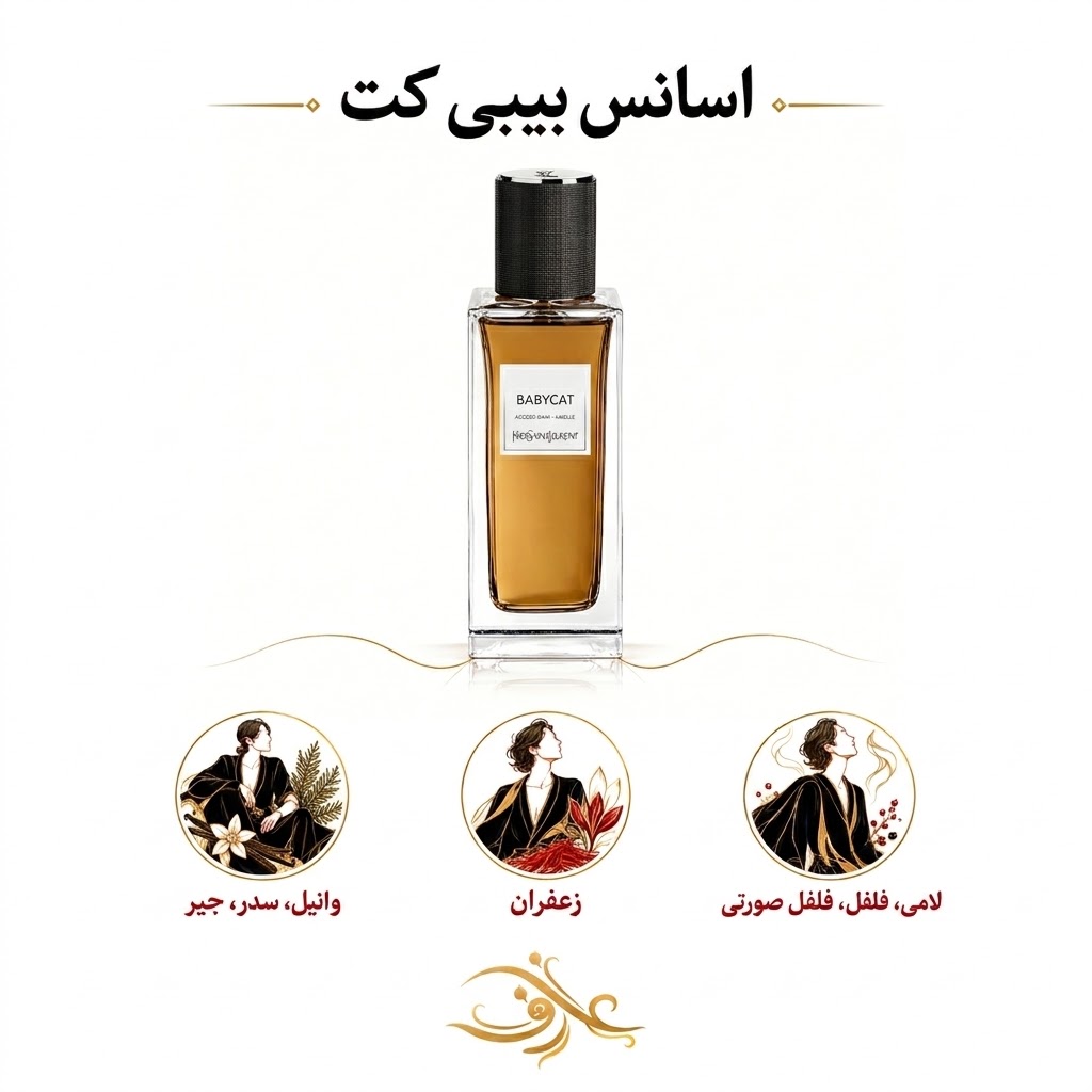 اسانس عطر بیبی‌کت (Babycat) ایو سن لوران | گربه‌ی وحشیِ اشرافی | وانیل رام‌نشده‌ای که میان چرم، ادویه و دود قدم می‌زند