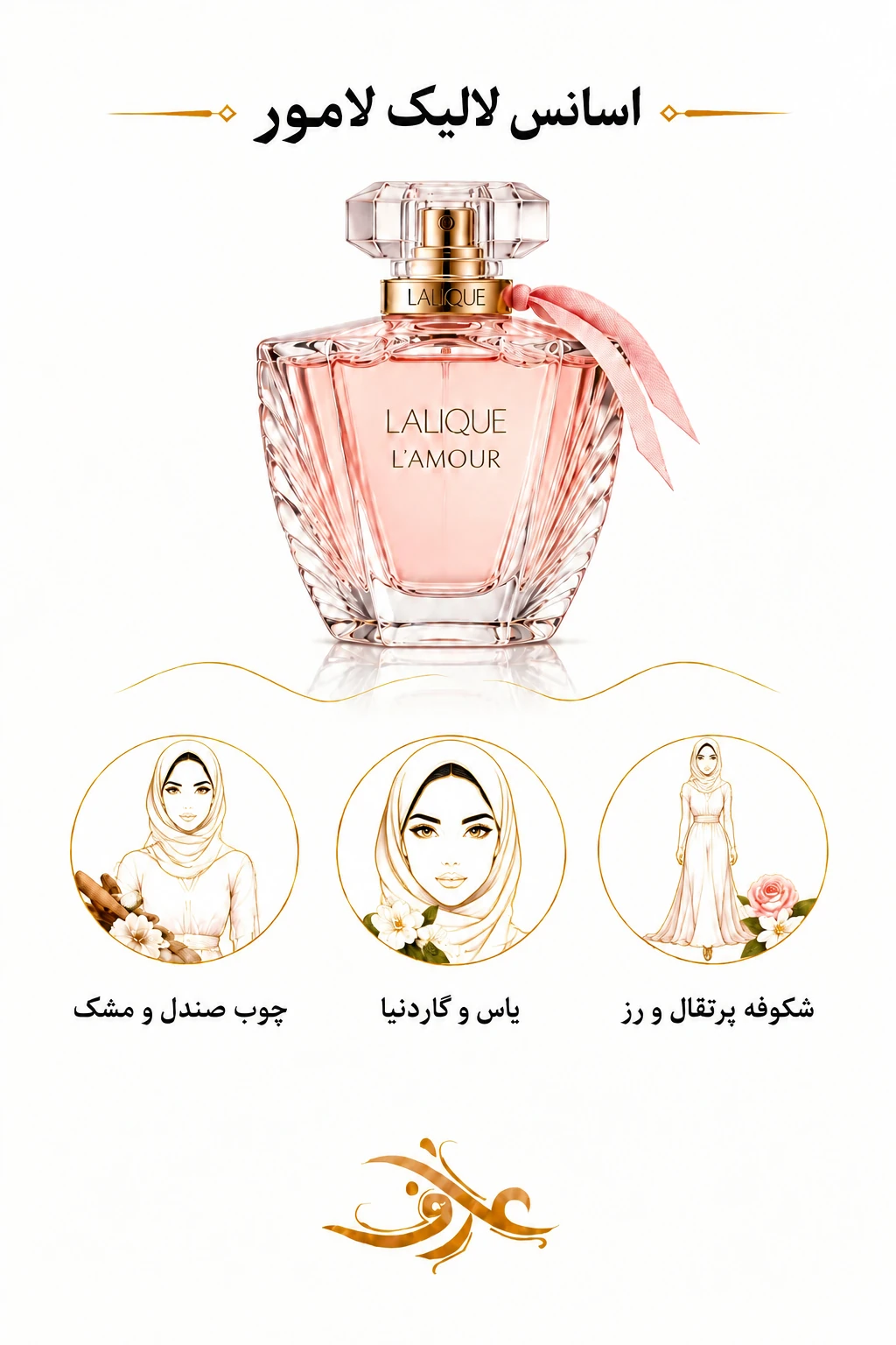 اسانس عطر لالیک لامور (Lalique L’Amour) | زنِ ظریف و رمانتیک | رایحه‌ای گل‌دار، پودری و چوبی با حسی لطیف، تمیز و آرامش‌بخش