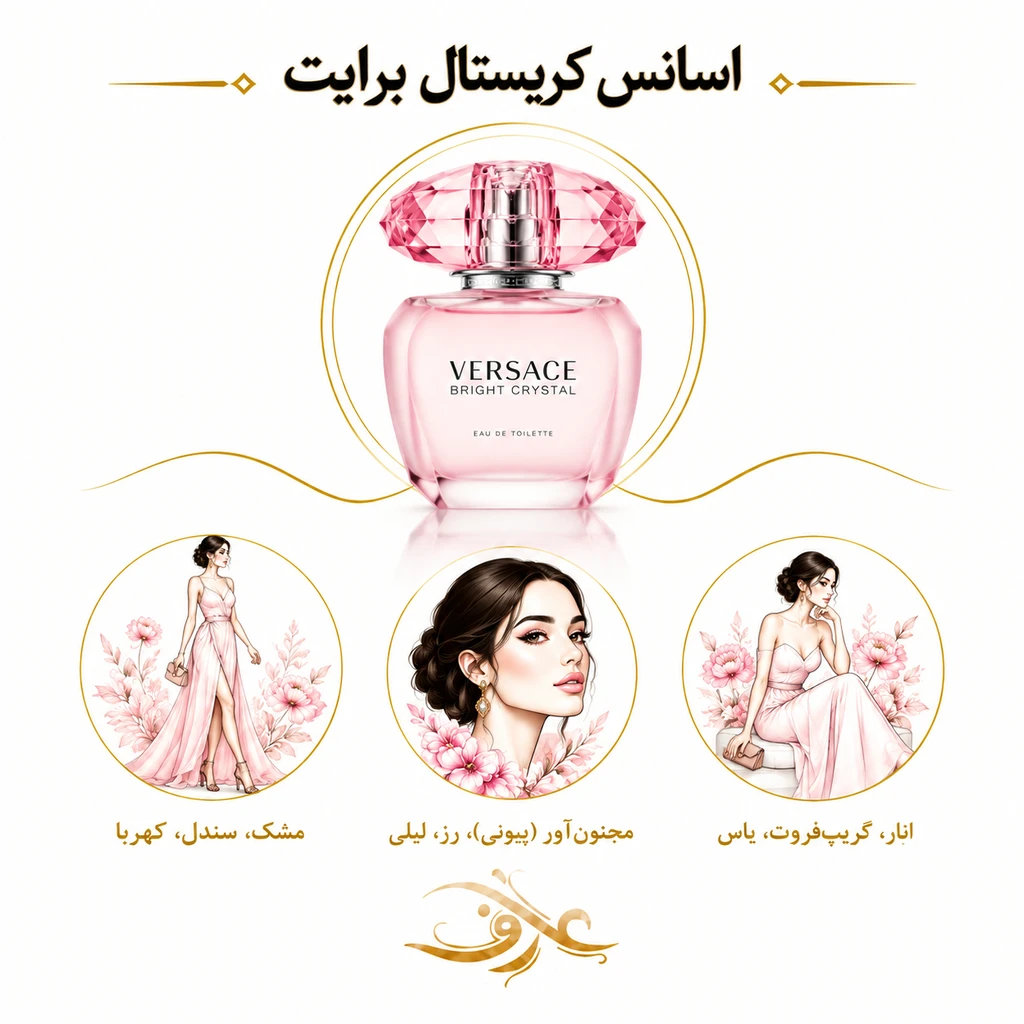 اسانس عطر برایت کریستال (Bright Crystal) ورساچه | بانوی ظریف و درخشان | رایحه‌ای خنک، میوه‌ای و گل‌دار با حسی شاداب، تمیز و زنانه
